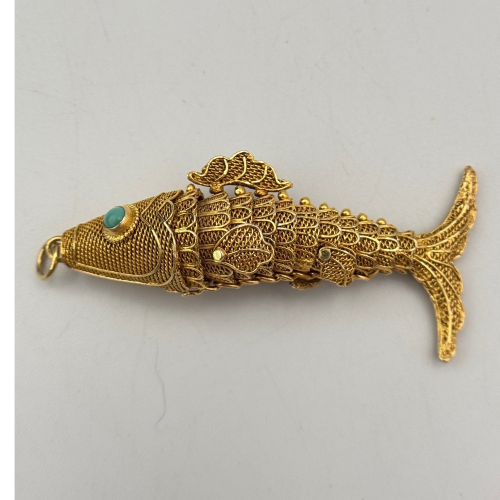 Vintage Chinese Export Silver Vermeil Articulated Koi Fish Pendant Turquoise Eye